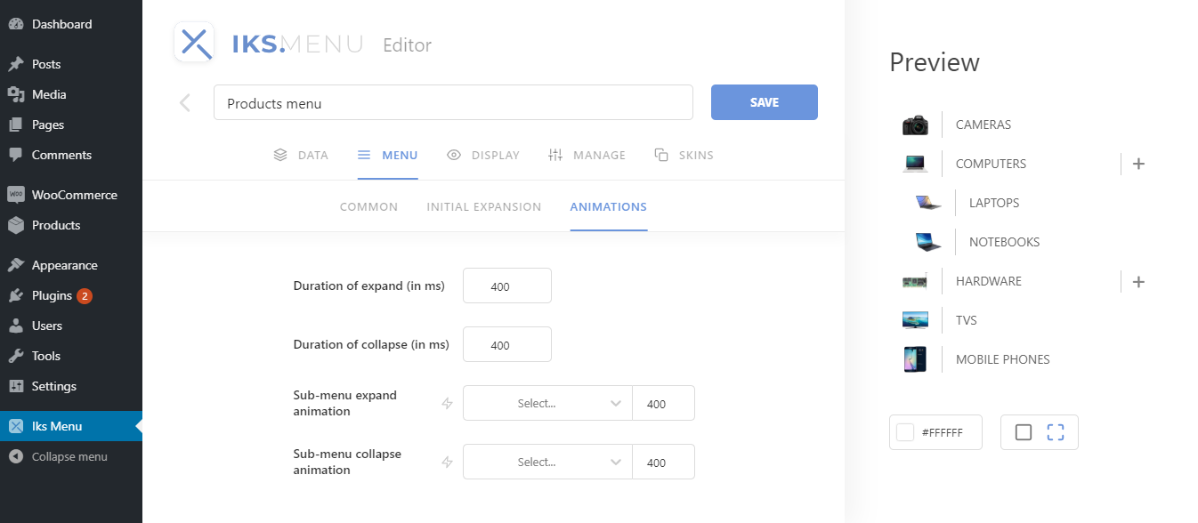 "Skins" tab - for applying ready designs to your menu