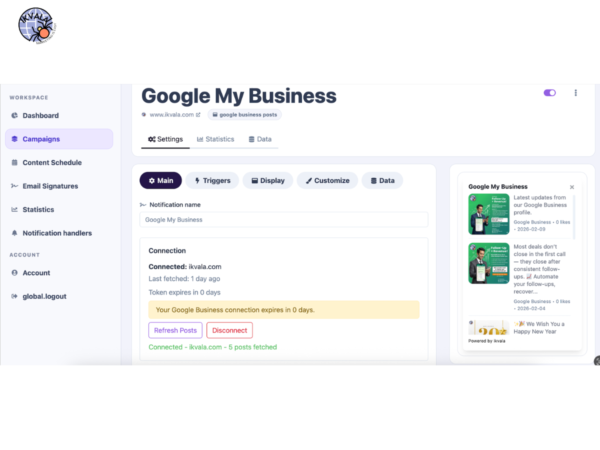 Statistics — detailed popup performance stats with date range filter