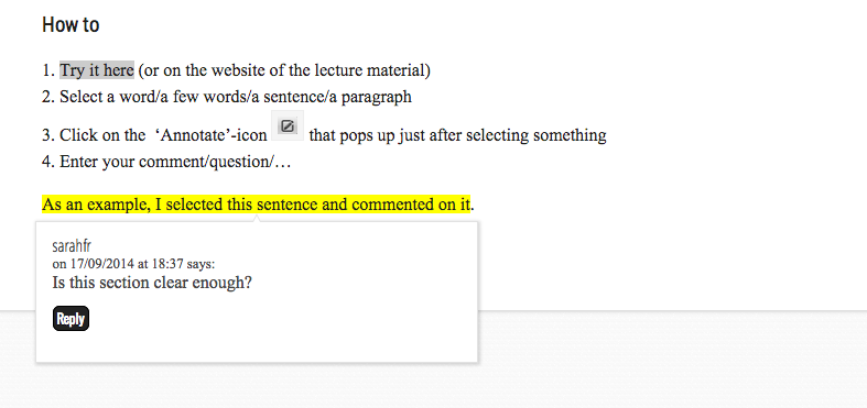 Hover an annotated text passage and see the comment