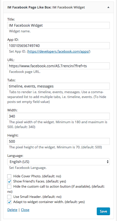 Widget - IM FB Page Plugin in administration.