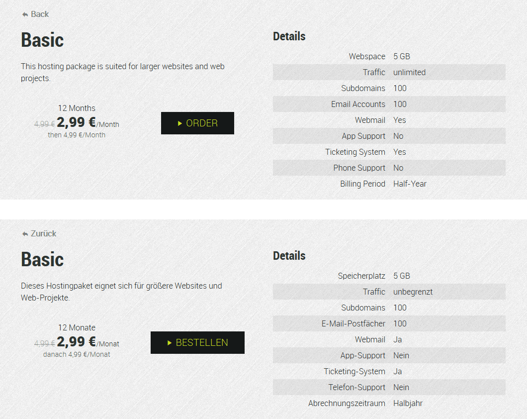 **Front-end example** - Direct comparison of how a single product looks like in English and German.