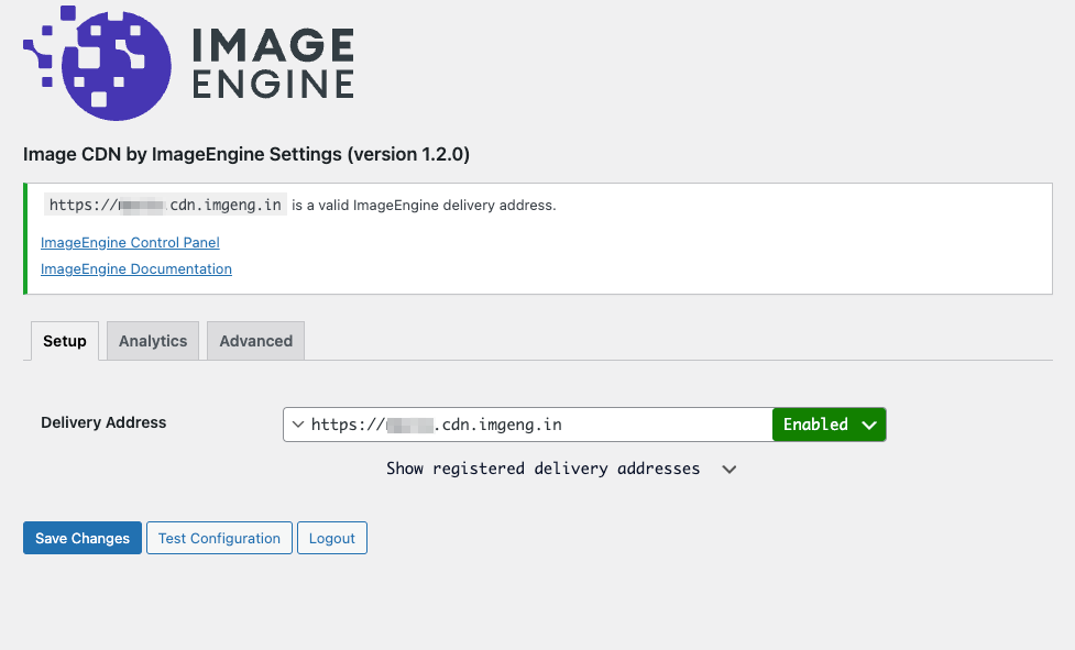 Annotated screenshot of the configuration screen showing how to configure ImageEngine.