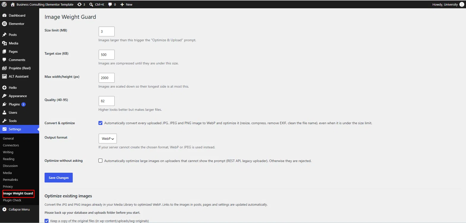 The Image Weight Guard settings page.