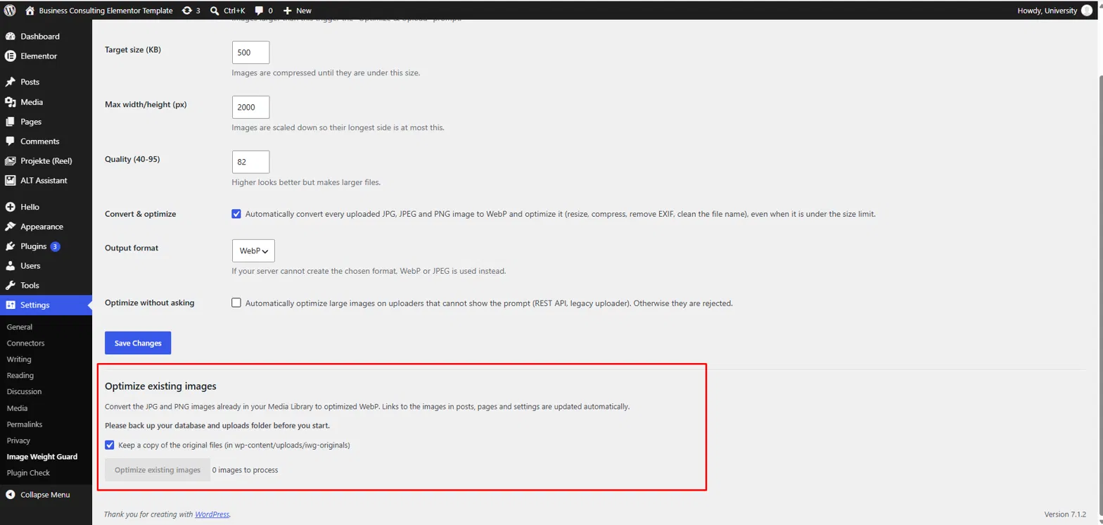 The Optimize existing images tool with progress and results.