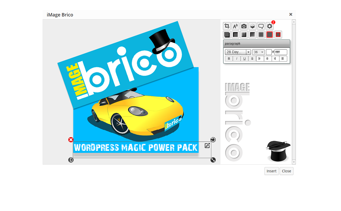 iMage Brico has many tools to let you transform your images, you can resize, crop, add colored text, rotate, duplicate,