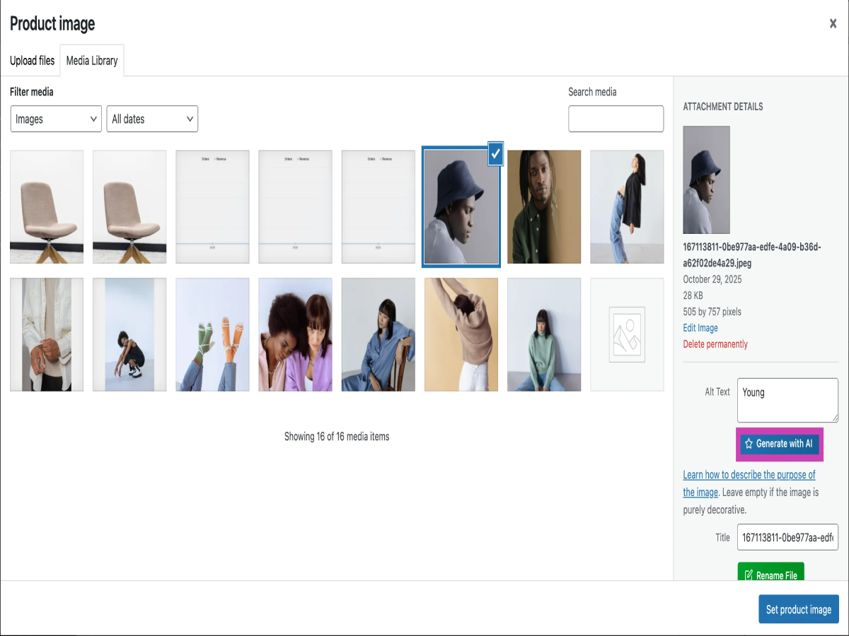 Media Library - Generate alt text and rename files directly from the WordPress media modal with one click