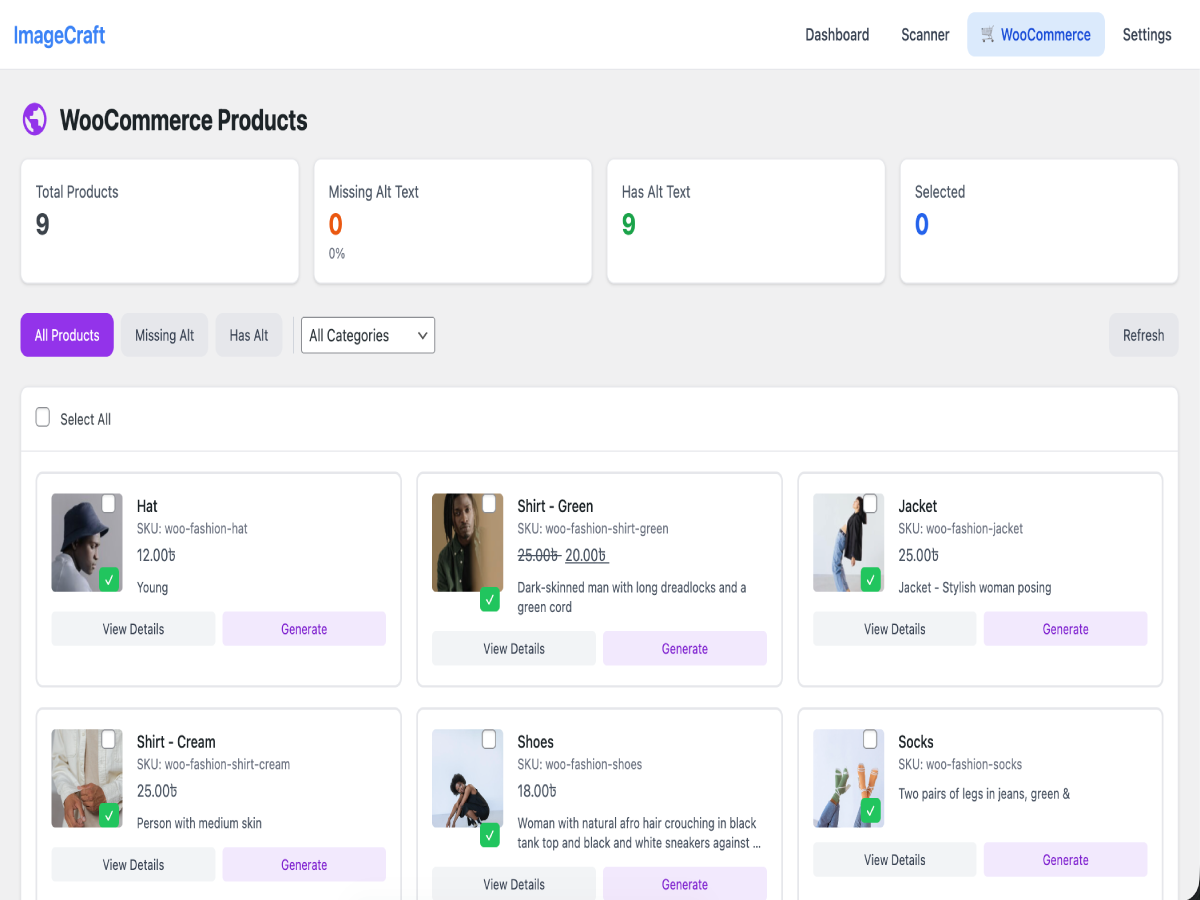 WooCommerce Products - Browse products with alt text status, filter by category, and generate alt text per product