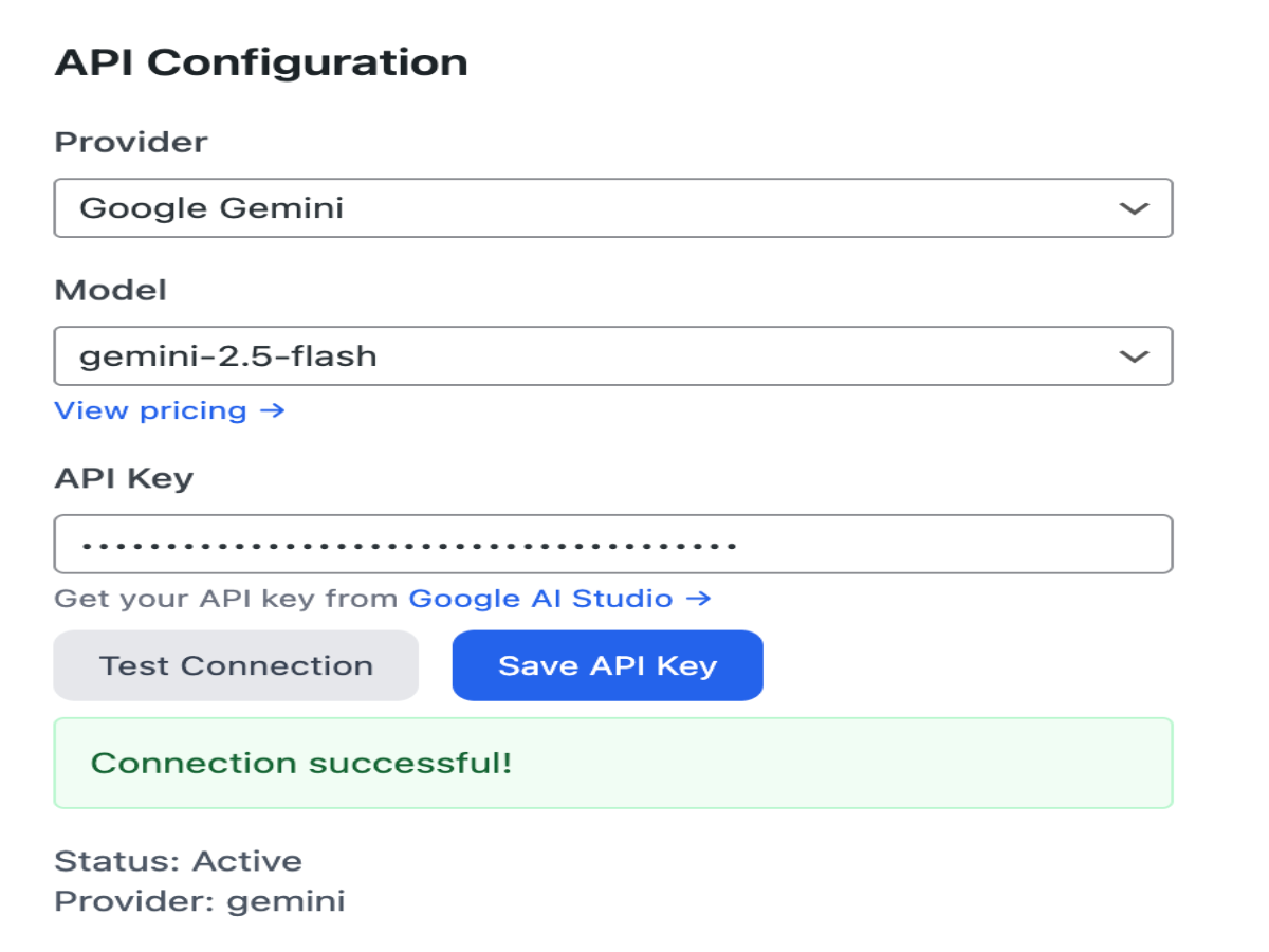 Settings - API configuration with provider and model selection, API key management, and connection testing