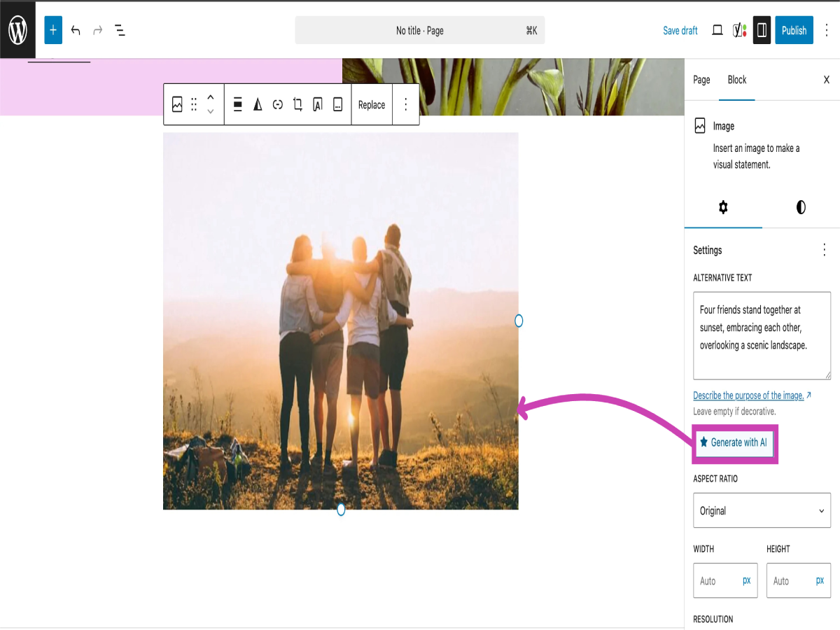 Gutenberg Editor - Generate alt text with AI directly from the block editor image settings panel