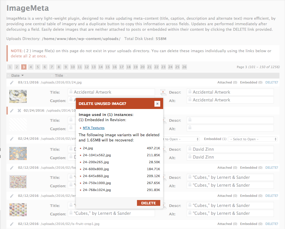 The ImageMeta table with examples of image meta-data that can be directly edited, or easily copied across all fields and saved with the click of a button. Images that are missing from the WP Uploads directory are shown with a delete button to clear the old records out of the database.