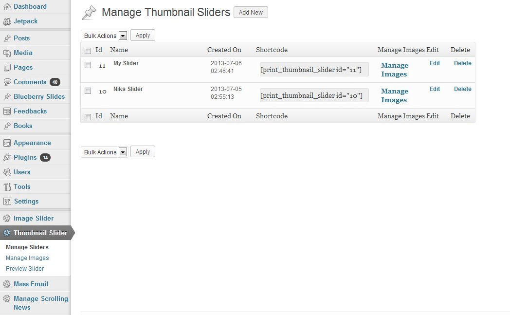 Thumbnail Slider pro version manage Sliders.