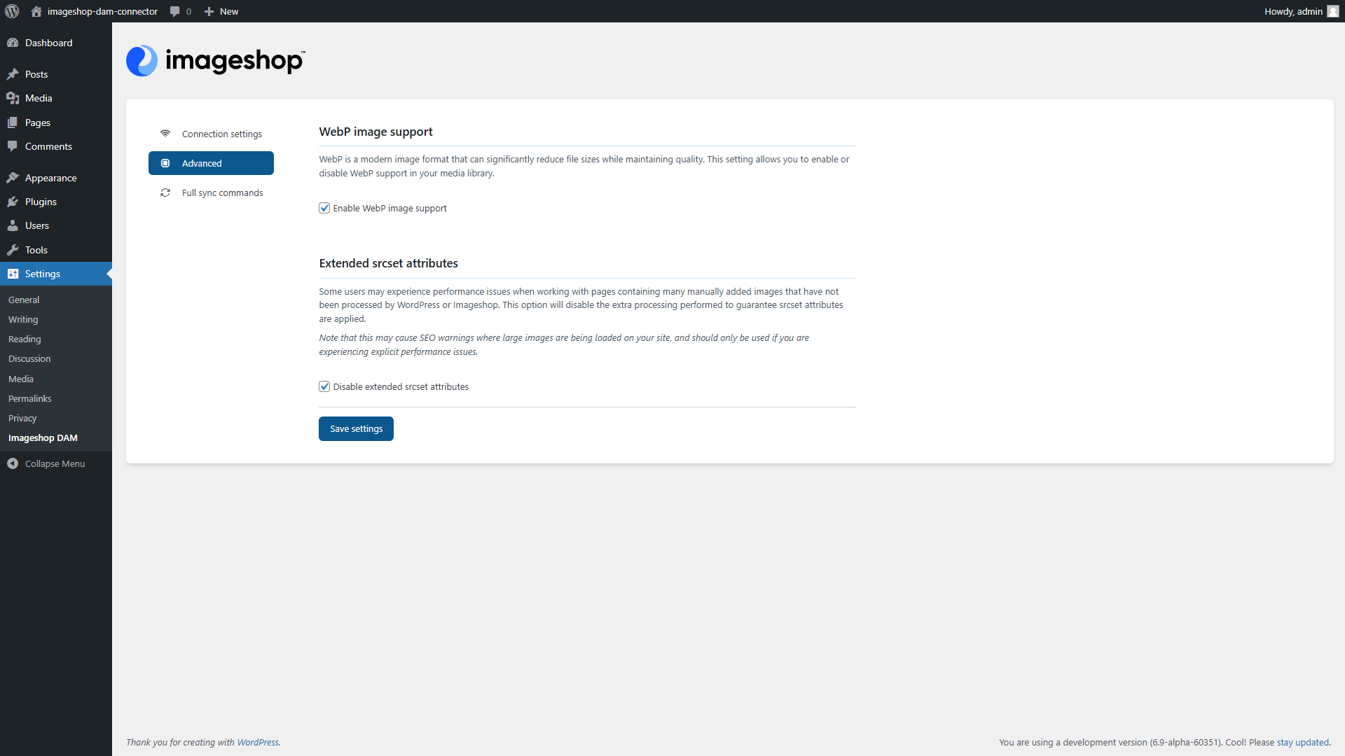 A view of the Imageshop advanced settings page.