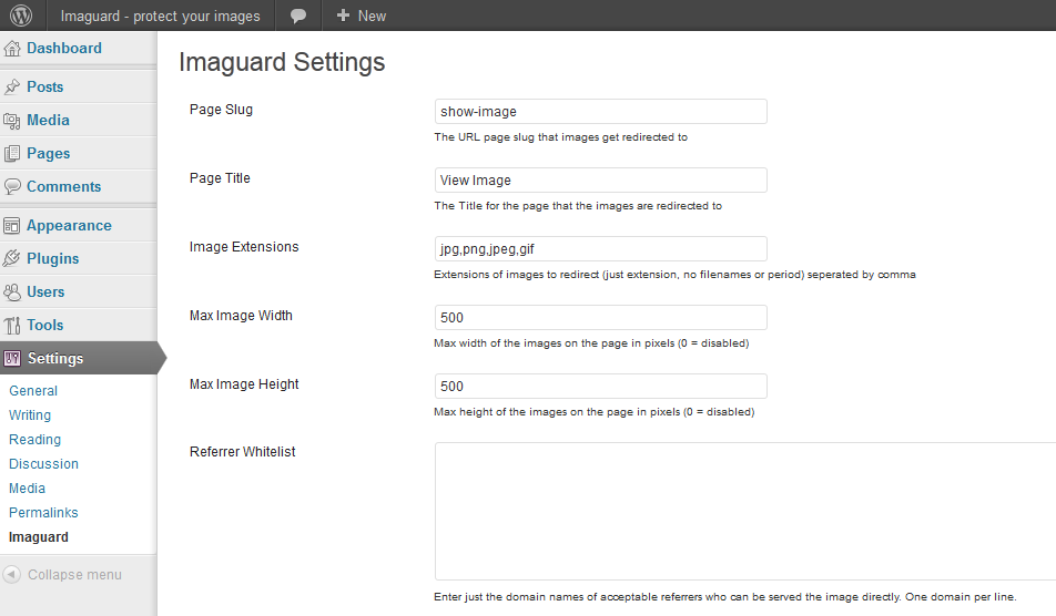 The settings section of Imaguard.