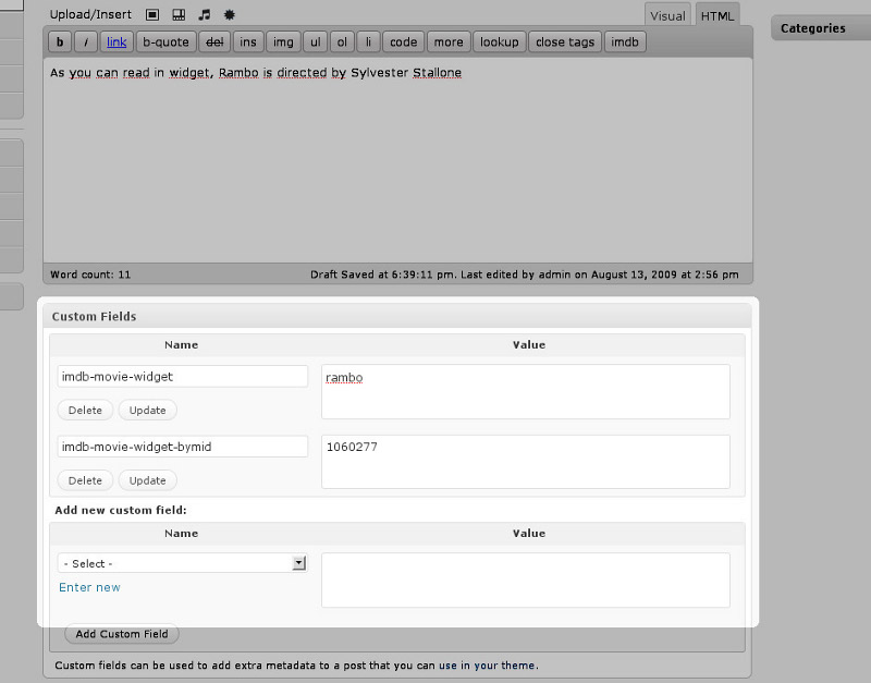 The field and the value to fill up if you want to use the widget ("imdb-movie-widget" & "imdb-movie-widget-bymid" options)