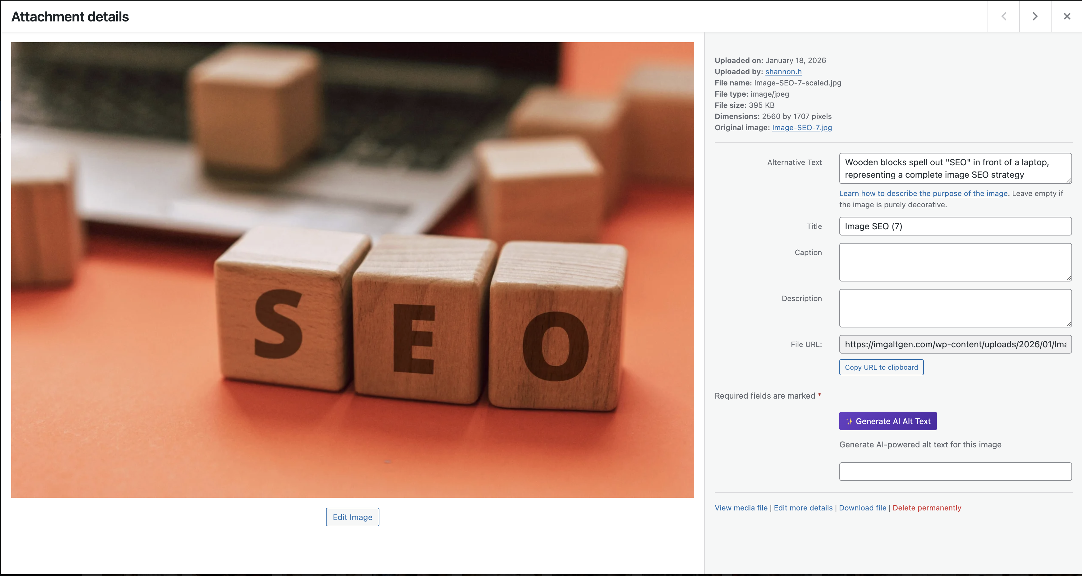 Single attachment screen showing AI alt text generation controls.