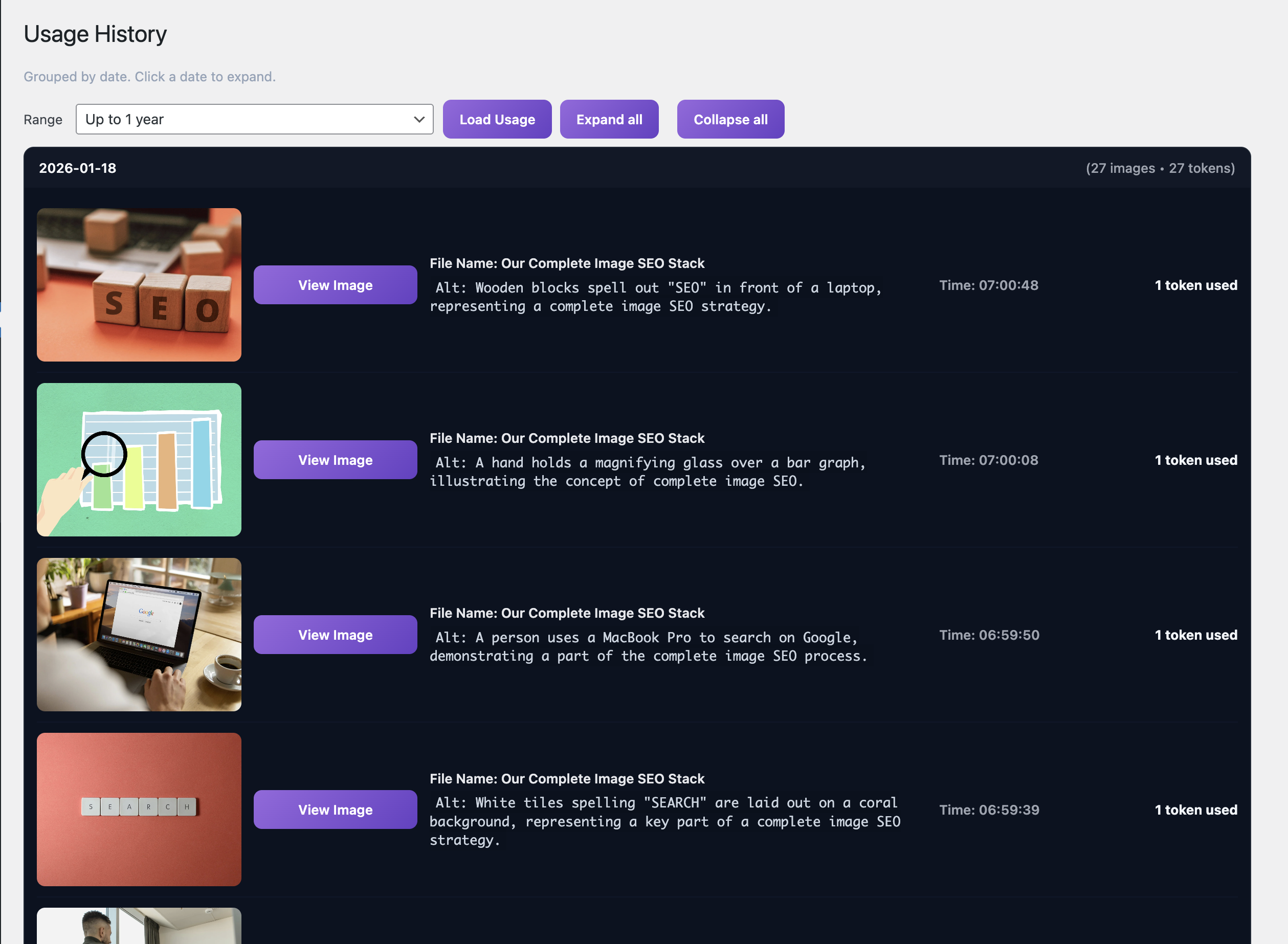Usage history screen.