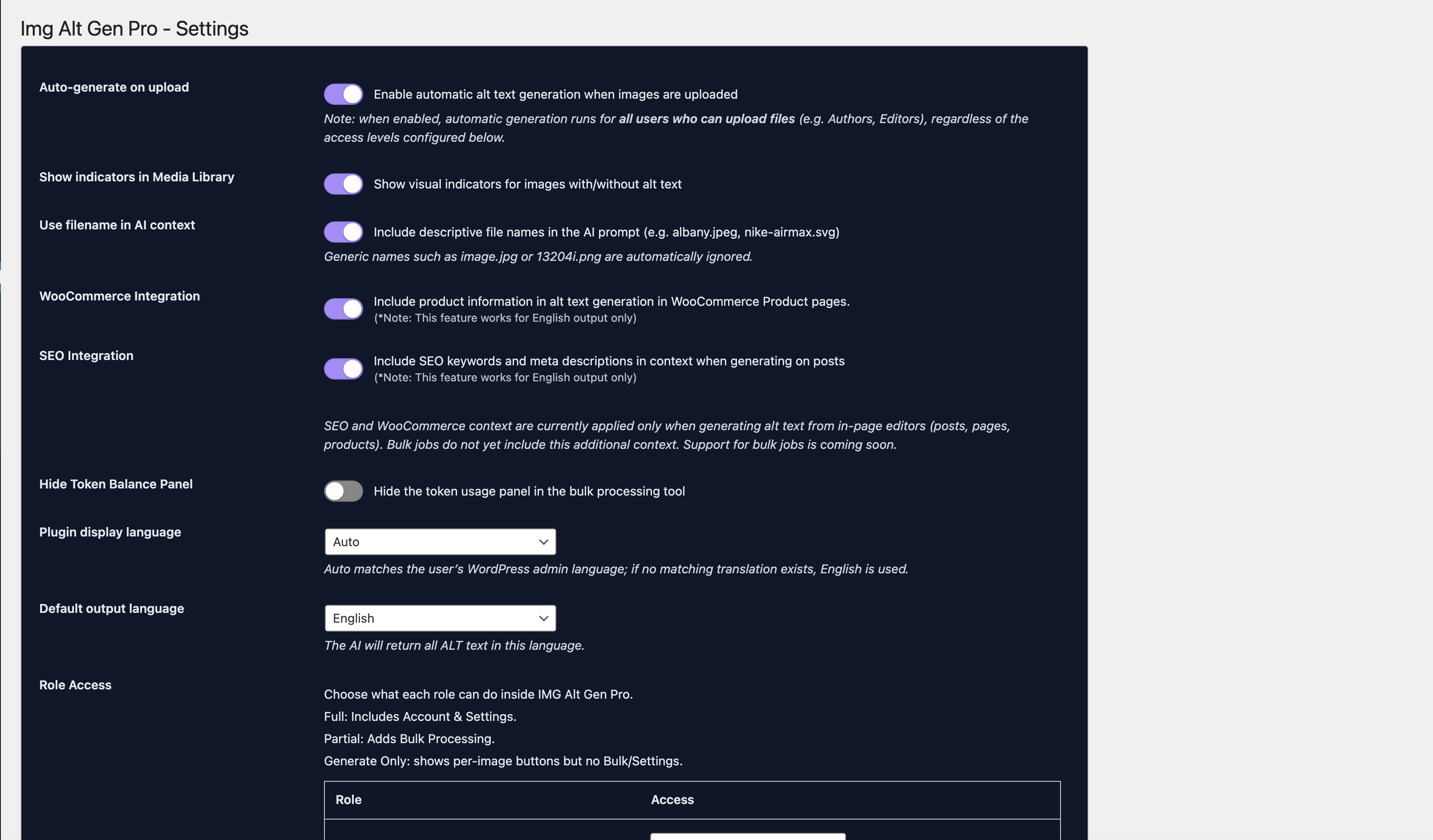 Settings screen with WooCommerce and SEO integration options.