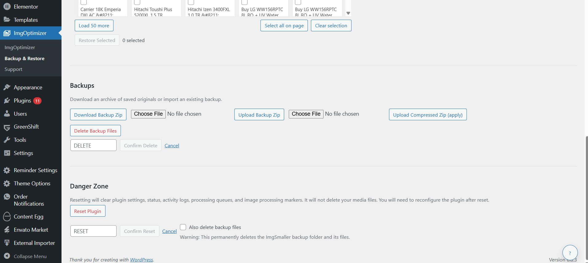 Backup & Restore tools including export/import and restore selected