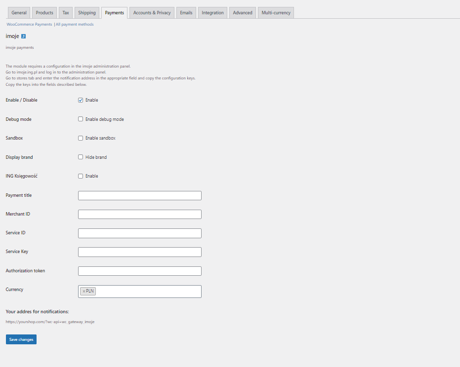 Configuration window of choosen payment channel