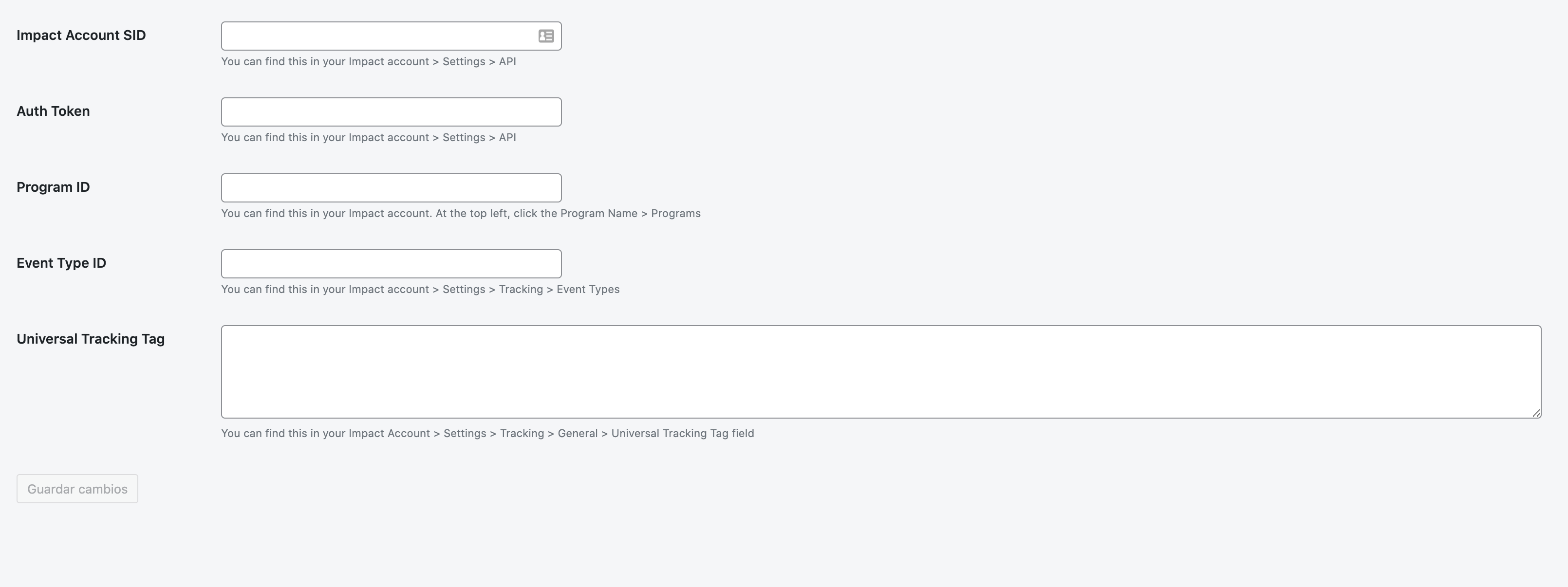 Form to input Impact settings