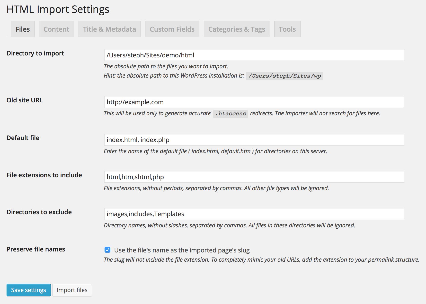 Settings for files to import