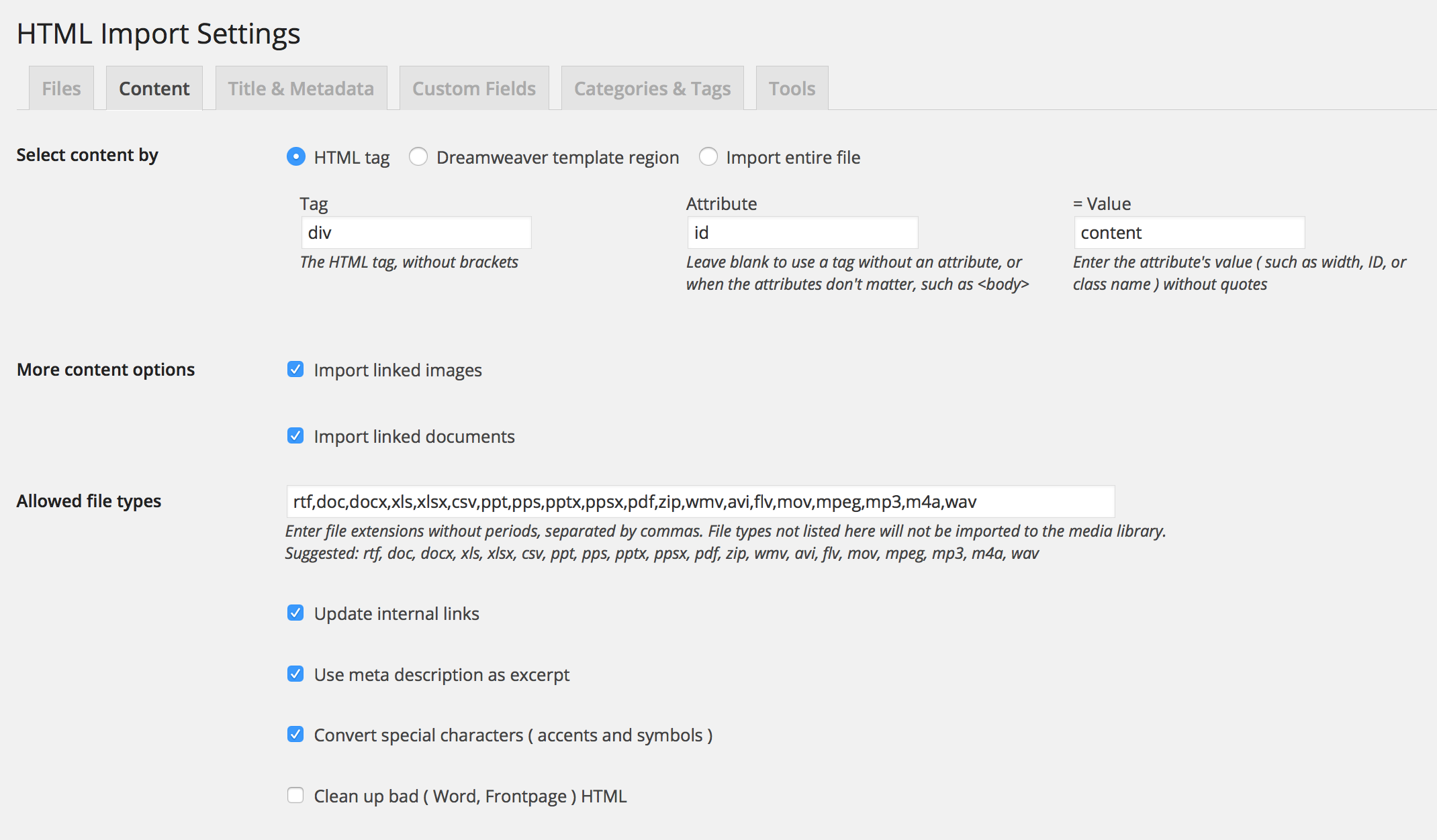 Title and metadata settings