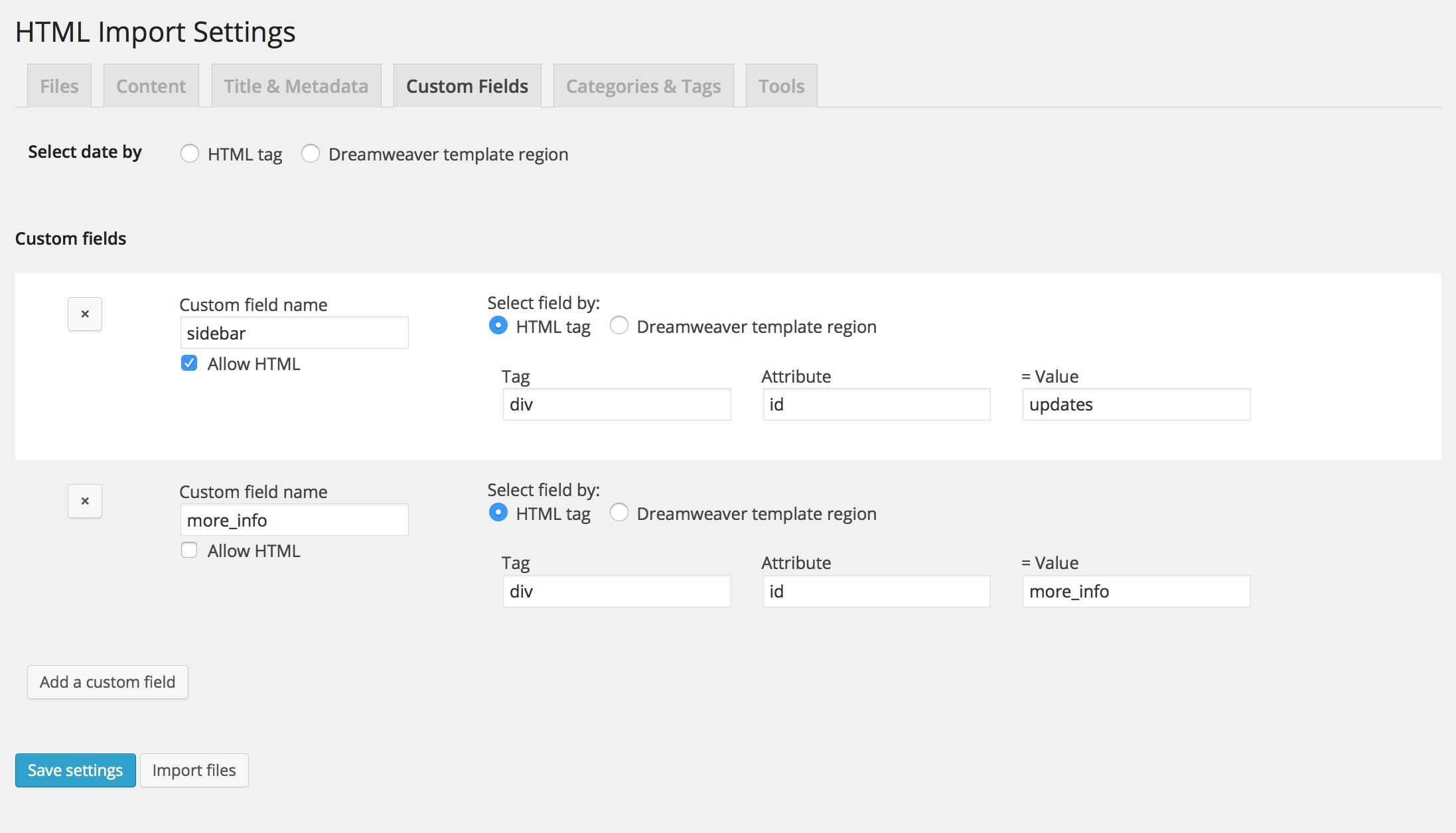 Import screen (directory/file selection)