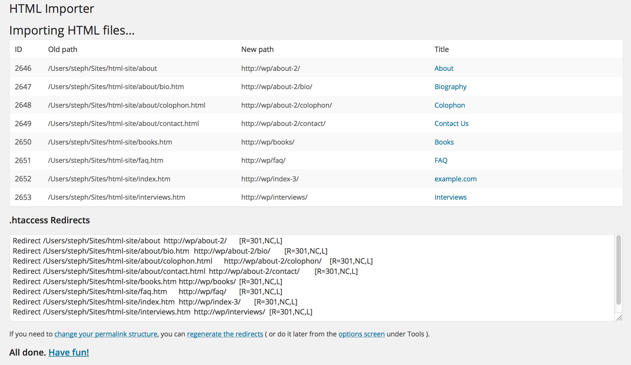 The same site, after the import (directory hierarchy preserved as parent/child pages)