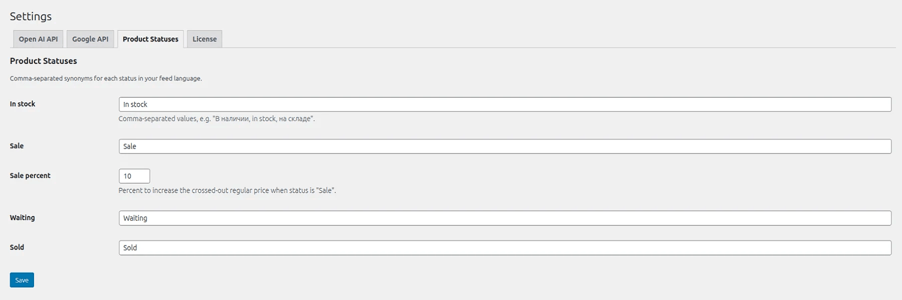 Optional modules: sizes, images (Google Drive), markup, AI generation.