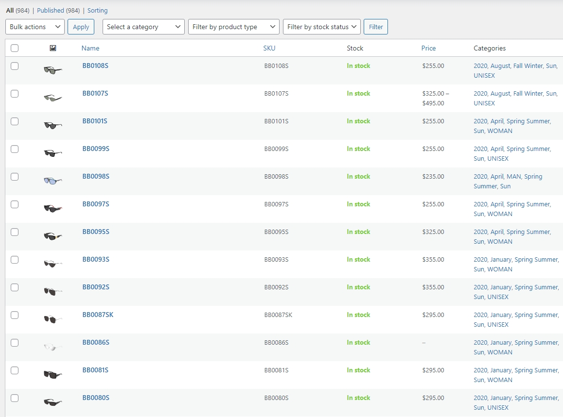 Imported products from XLSX in Products list