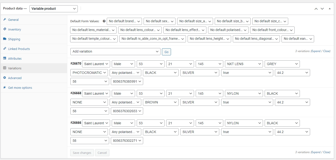 Variations with auto-created attributes. Images, prices are also set