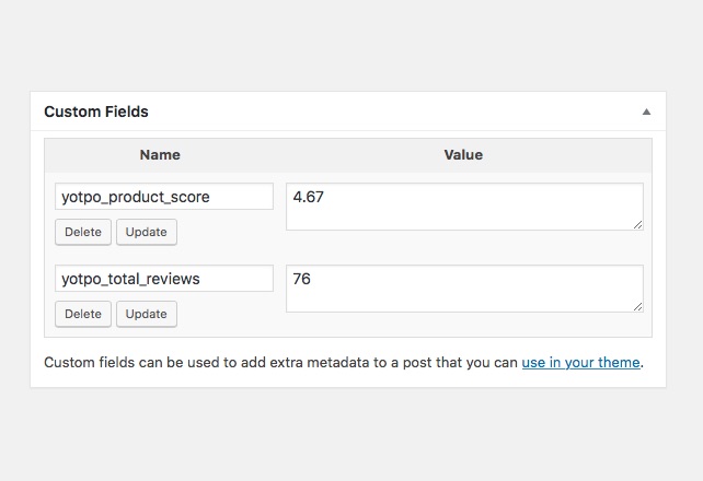 Custom fields populated with Yotpo ratings and review count.