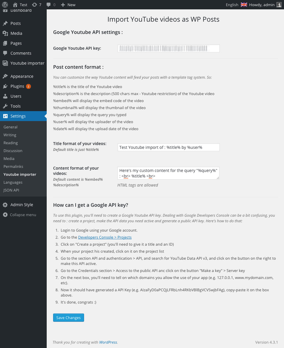 Admin settings for the plugin (Settings > Youtube importer)