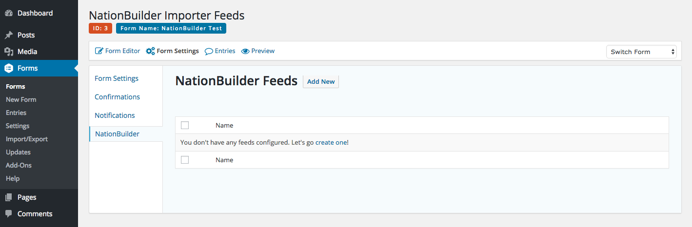 The overview of NationBuilder feeds for a form