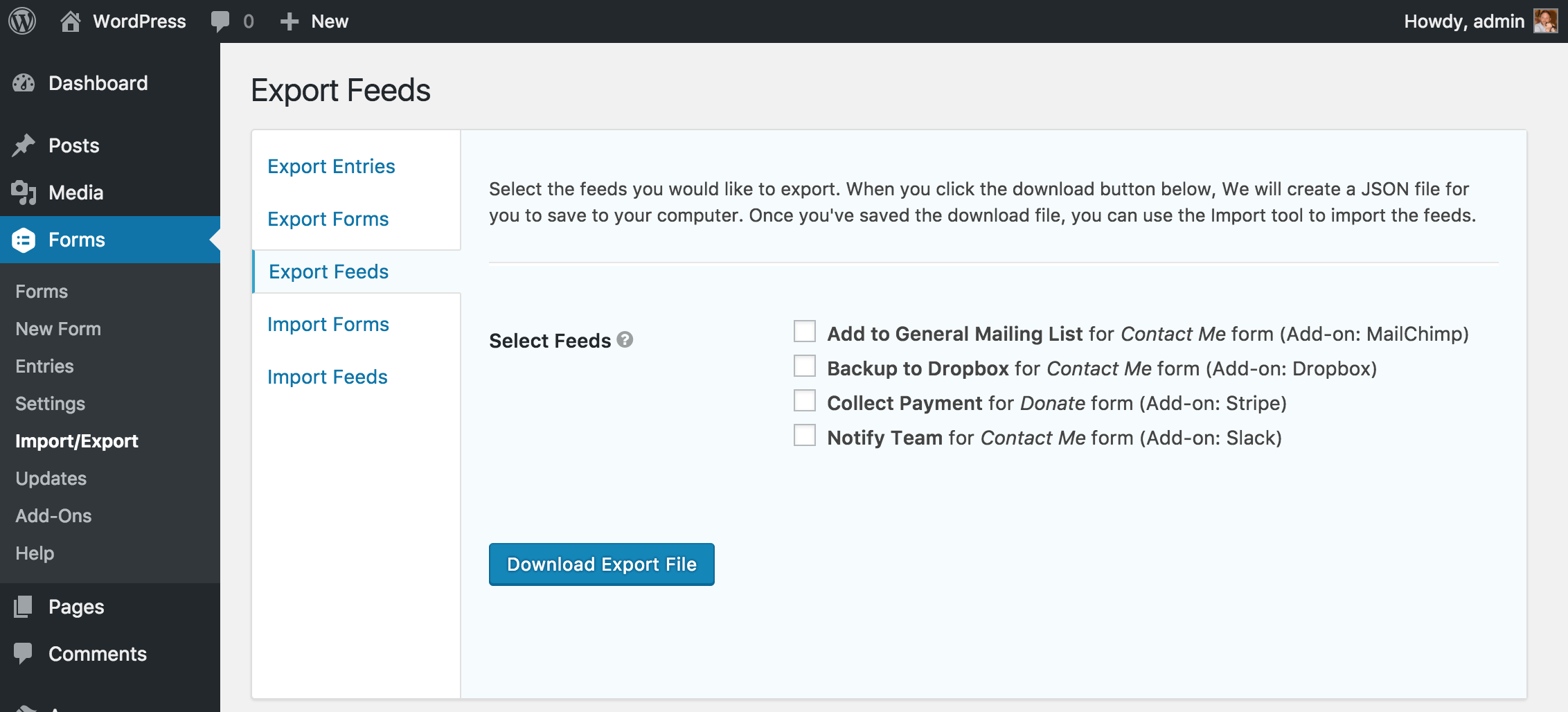 This screen shot shows you how to export feeds.