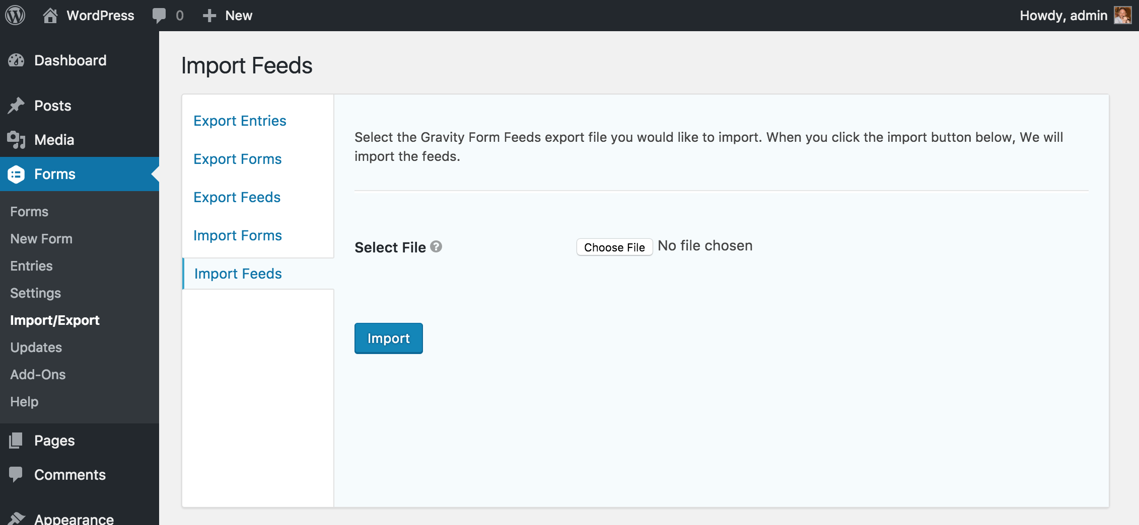 This screen shot shows you how to import feeds.