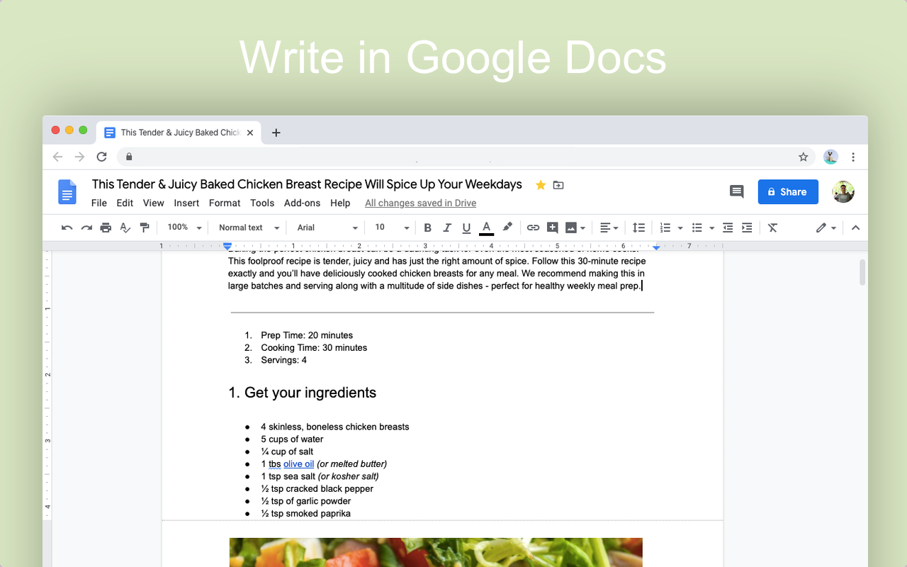 Write your content in Google Docs as you normally would