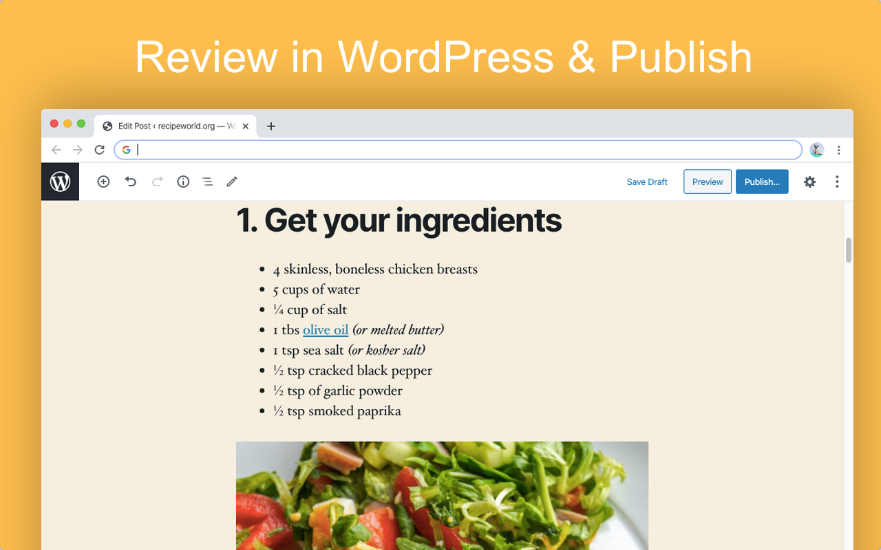 Review the results in WordPress and click "Publish"