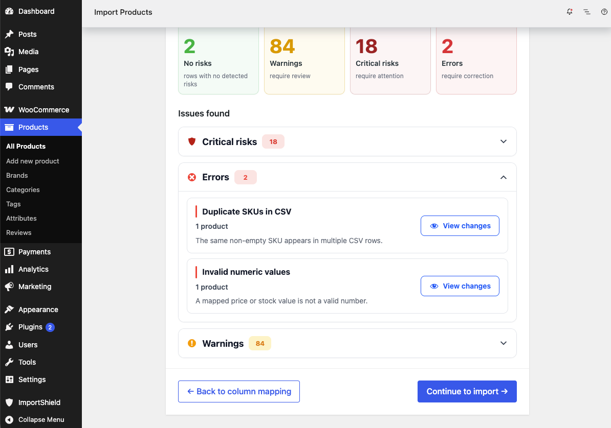 Expand grouped issues and open the affected product rows from the Risk overview.