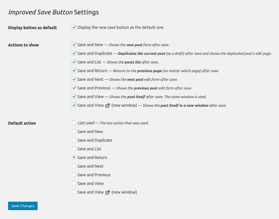 The settings page