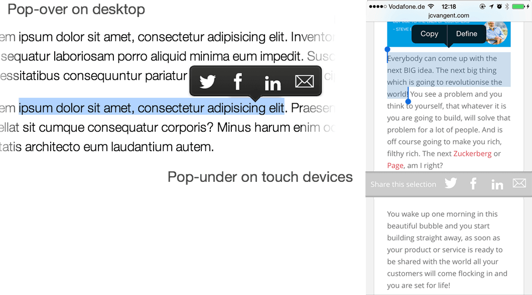 Inbound Rocket power-up - Selection Sharer: Popover menu to share on Twitter, Facebook, LinkedIn or by email any text selected on the page with support for mobile devices (with a popunder).