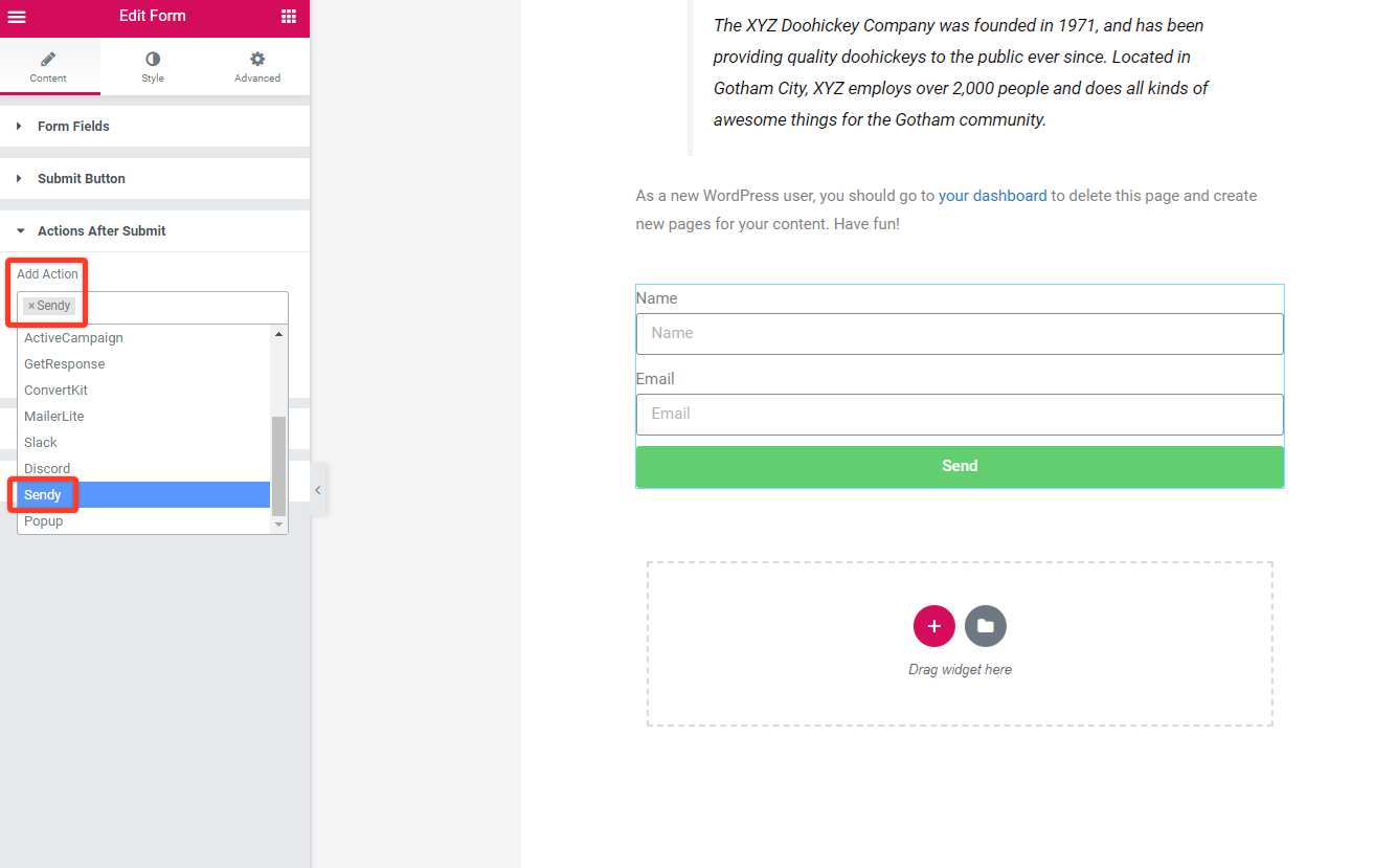 **Select from the Dropdown.** Just select Sendy from the "Actions After Submit" dropdown in the form widget.