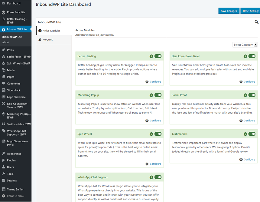 InboundWP Lite Dashboard - Enable various modules for your website.