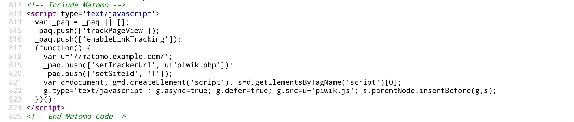 If you provide a Matomo URL and site ID this code is injected to your Wordpress page..