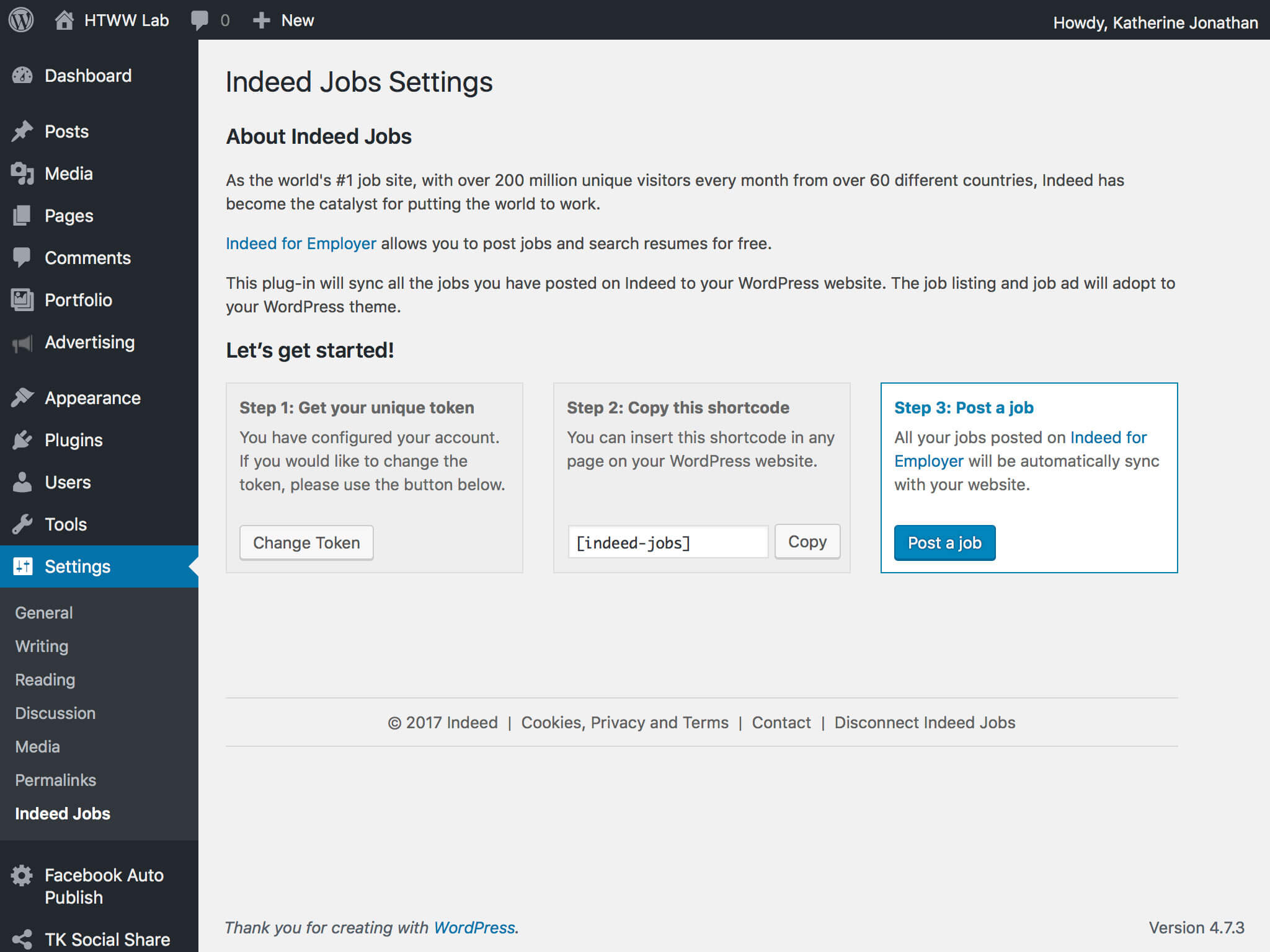 Indeed Jobs Settings Page