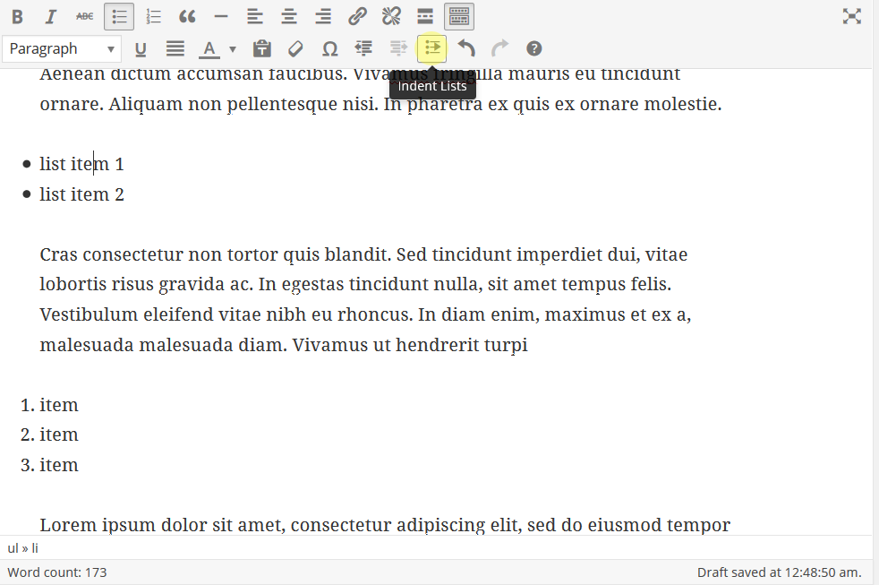 Screenshot while pushing the indent lists button with the cursor in the list.