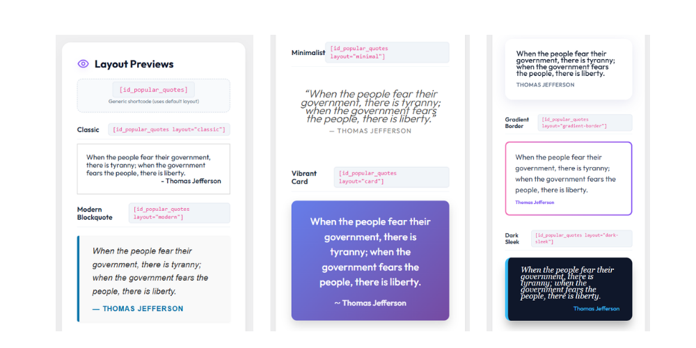 Screenshot showing shortcode usage with layouts.