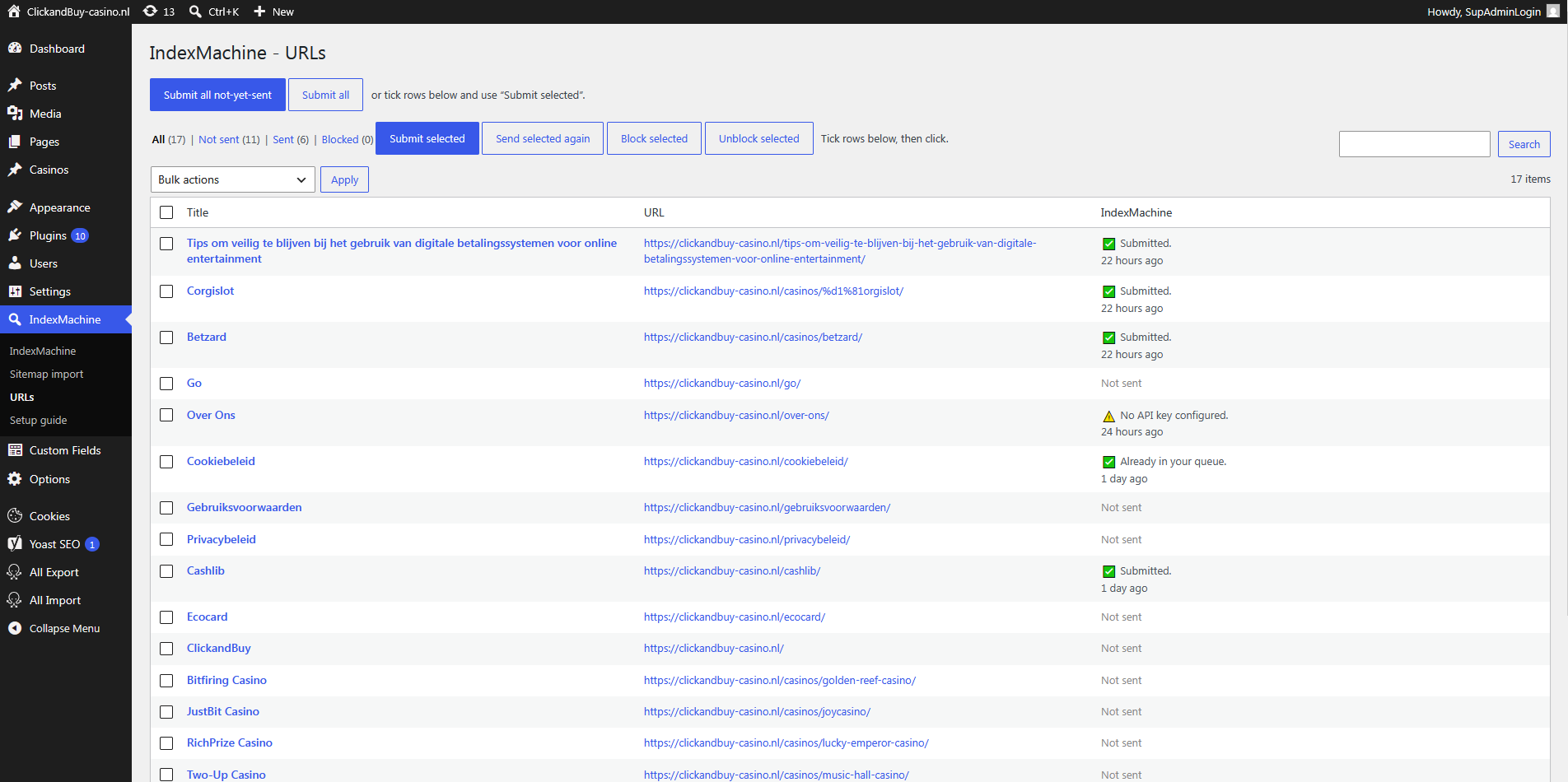 The URLs screen: filter by All / Not sent / Sent / Blocked, tick rows, and submit them - or send already-sent URLs again for another processing round.
