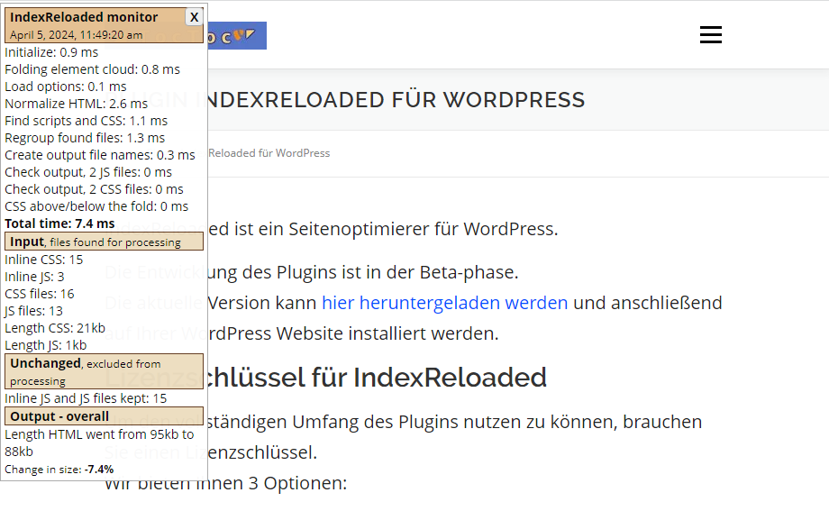3rd tab IndexReloaded shows a first **recommendation for the Excludelist**, a list of identifiers, with which certain JavaScript and CSS files can be excluded from processing by IndexReloaded.