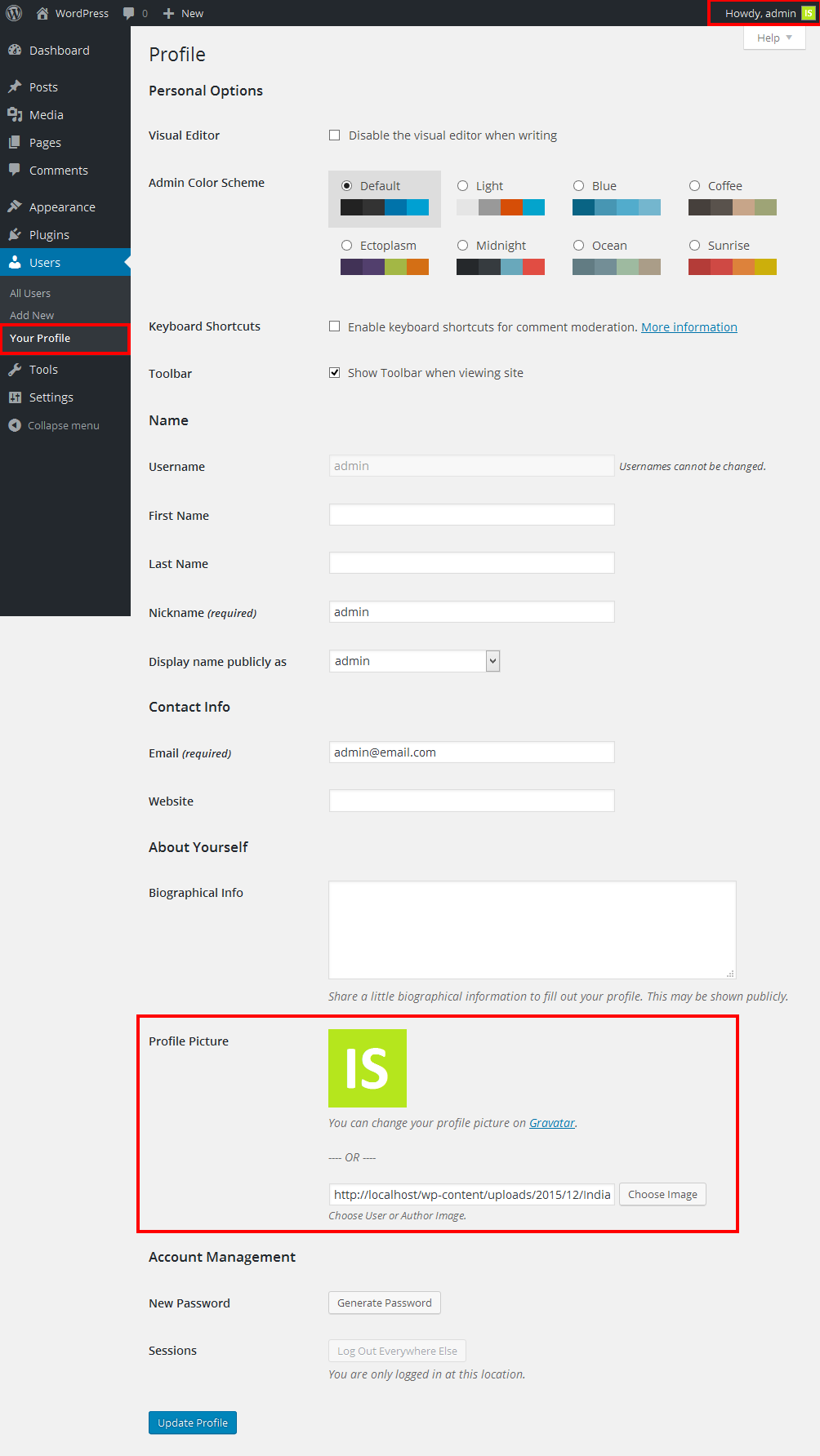 Just go to Users -> Your Profile -> Profile Picture and choose your photo using wordpress media uploader.